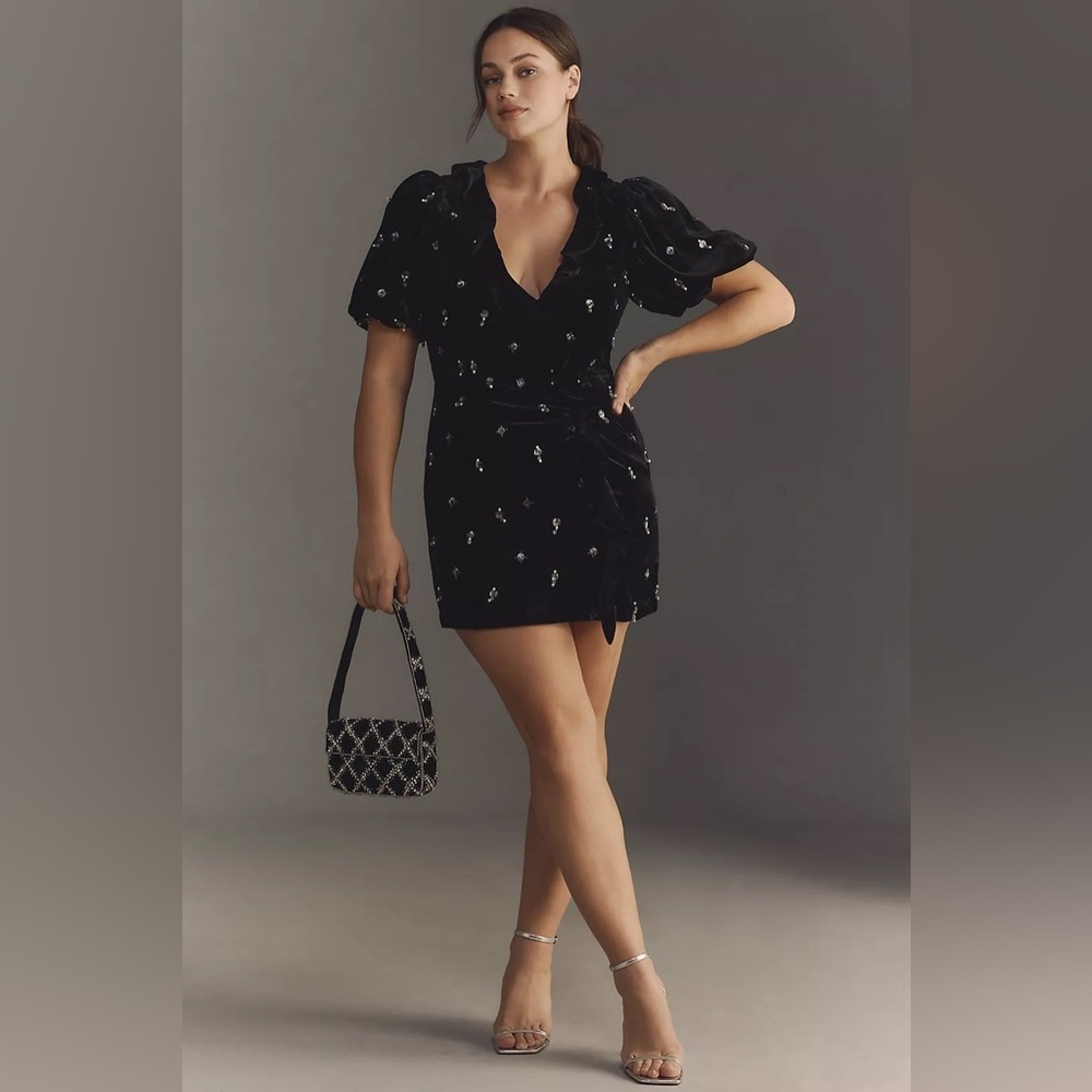 Anthropologie Maeve Short-Sleeve V-Neck Embellished Mini Dress NWT Size 22